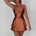 Lumina Wear Aine satin mini dress with cowl neck in green, featuring a sleek, elegant design perfect for stylish occasions.