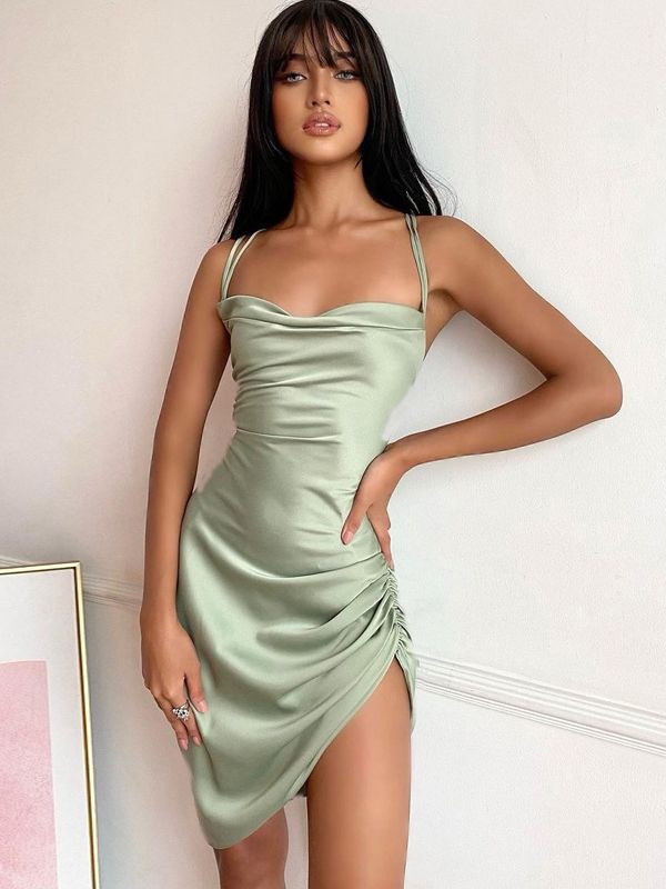 Gray satin slip dress with cowl neck by Lumina Wear, featured as a stylish mini dress with smooth fabric and elegant drape.