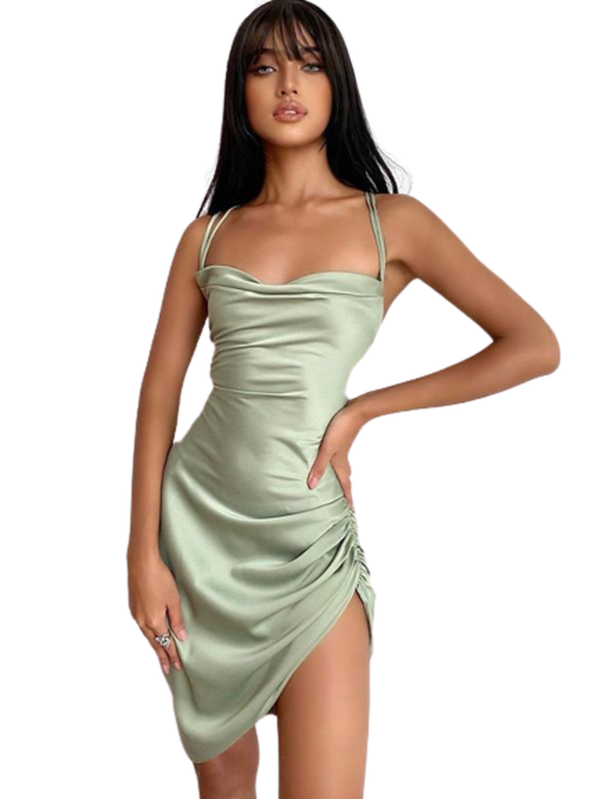 Gray satin mini slip dress with cowl neck by Lumina Wear, featuring smooth fabric and elegant drape.
