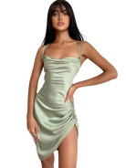 Gray satin slip dress with cowl neck by Lumina Vancouver, featuring a sleek mini dress design and smooth fabric.