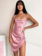 Gray satin slip dress with cowl neck by Lumina Vancouver, featuring a sleek mini dress design and smooth fabric.