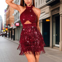 Sparkling wine-colored Nova Sequin halter neck mini dress by Lumina Wear, featuring shimmering sequins and a stylish halter design.