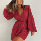 Lavinia Sequin Wrap Dress by Lumina Vancouver, silver mini dress with deep V-neck and elegant sequin details.