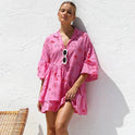 Lumina Wear Nova mini shirt dress with deep V-neck collar in white, featuring a stylish and casual design.