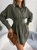 Dark green Lumina Wear Nova shirt dress with tailored fit, elegant design, mini length, perfect for stylish occasions.