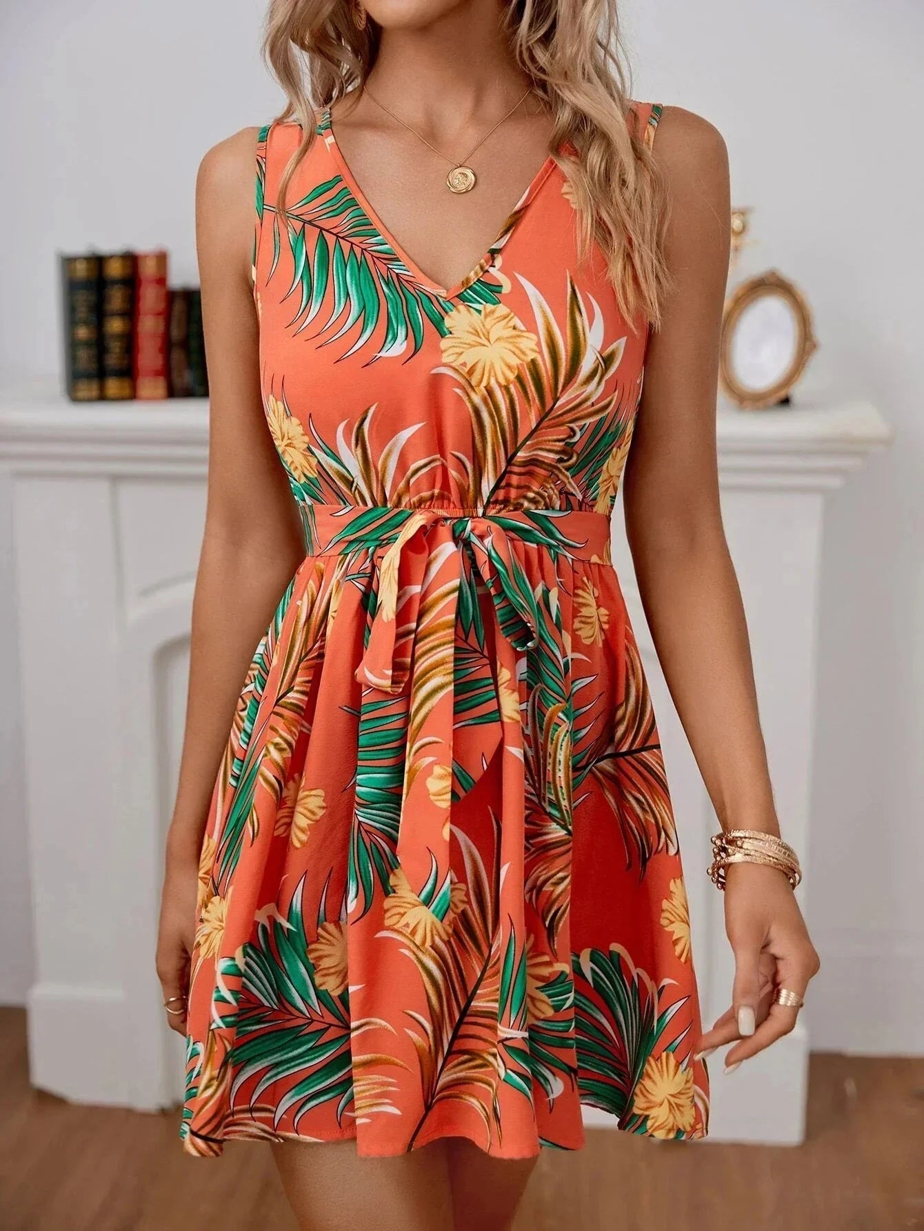 Women's Mini Dress - Sleeveless V-Neck - Tropical Print with Tie Belt - Flowy Casual Wear by Lumina Vancouver