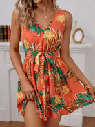 Women's Mini Dress - Sleeveless V-Neck - Tropical Print with Tie Belt - Flowy Casual Wear by Lumina Vancouver