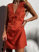 Red Sigrid linen-blend sleeveless V-neck mini dress by Lumina Vancouver, shown on a model.