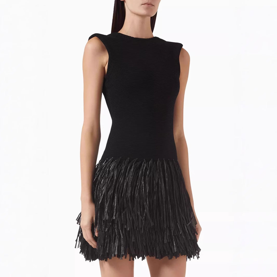 Women’s Mini Dress – Slim Fit Knit Top – Fringe Skirt – Sleeveless Round Neck by Lumina Vancouver