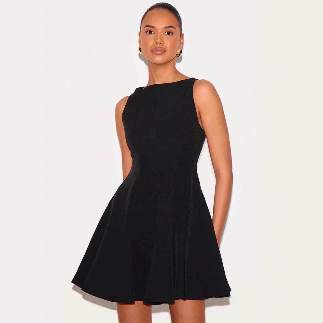 Gray Wilhelmine slim fit sleeveless A-line mini dress by Lumina Vancouver, shown on a mannequin with a simple background.