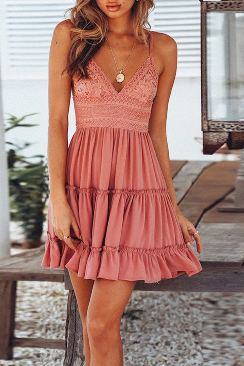 Women's Spaghetti Strap Dress - Lace Bodice - Tiered Ruffle Skirt - V-Neck by Lumina Vancouver