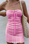 Yellow Lumina Wear Nova strapless ribbed mini dress, form-fitting with a sleek design, shown on a model.