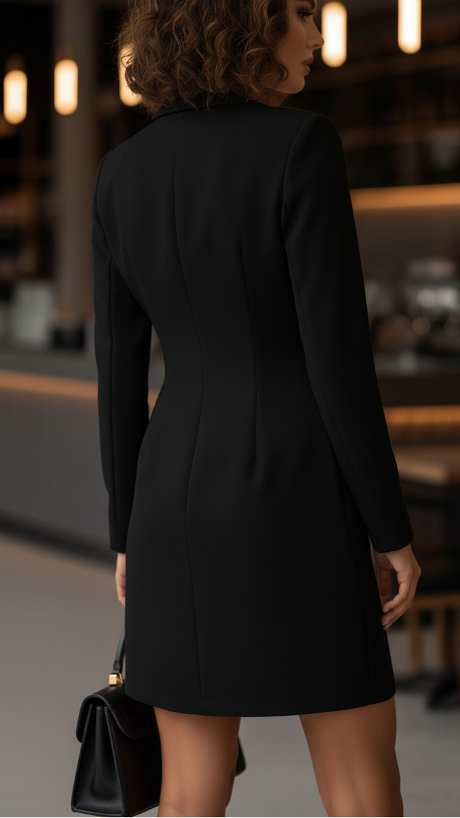 Black Nova Tailored Chic blazer dress by Lumina Vancouver, stylish mini dress with a fitted silhouette.
