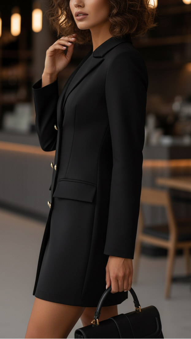 Black Nova Tailored Chic blazer dress by Lumina Vancouver, stylish mini dress with structured fit and modern design.