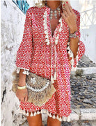 Women's Bohemian Mini Dress - V-Neck Tassel Detail - Bell Sleeve Floral Casual Wear by Lumina Vancouver