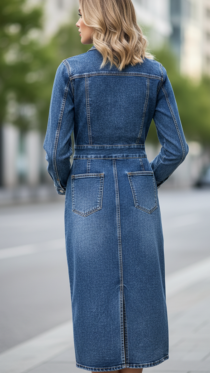 Blue Novae denim mini dress by Lumina Vancouver, tailored fit with stylish design, shown on a mannequin.