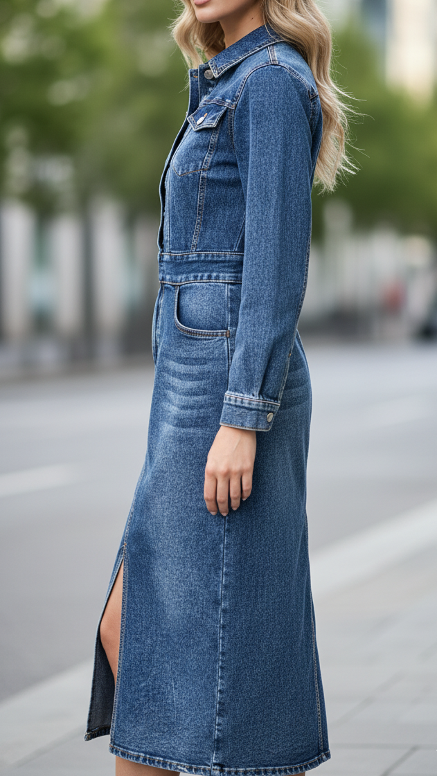 Blue Novae denim mini dress by Lumina Vancouver, tailored fit with a stylish, form-fitting design and classic denim texture.