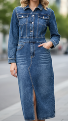 Blue Novae denim mini dress with tailored fit by Lumina Vancouver, featuring a stylish, form-fitting design.
