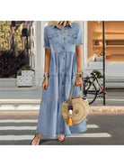 Dark blue Denise slimming jeans look dress by Lumina Vancouver, featuring a fitted silhouette and casual denim style.