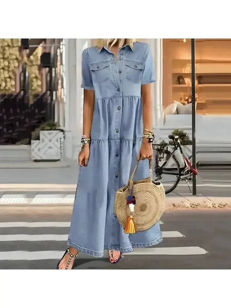 Dark blue Denise slimming jeans look dress by Lumina Vancouver, featuring a fitted silhouette and casual denim style.