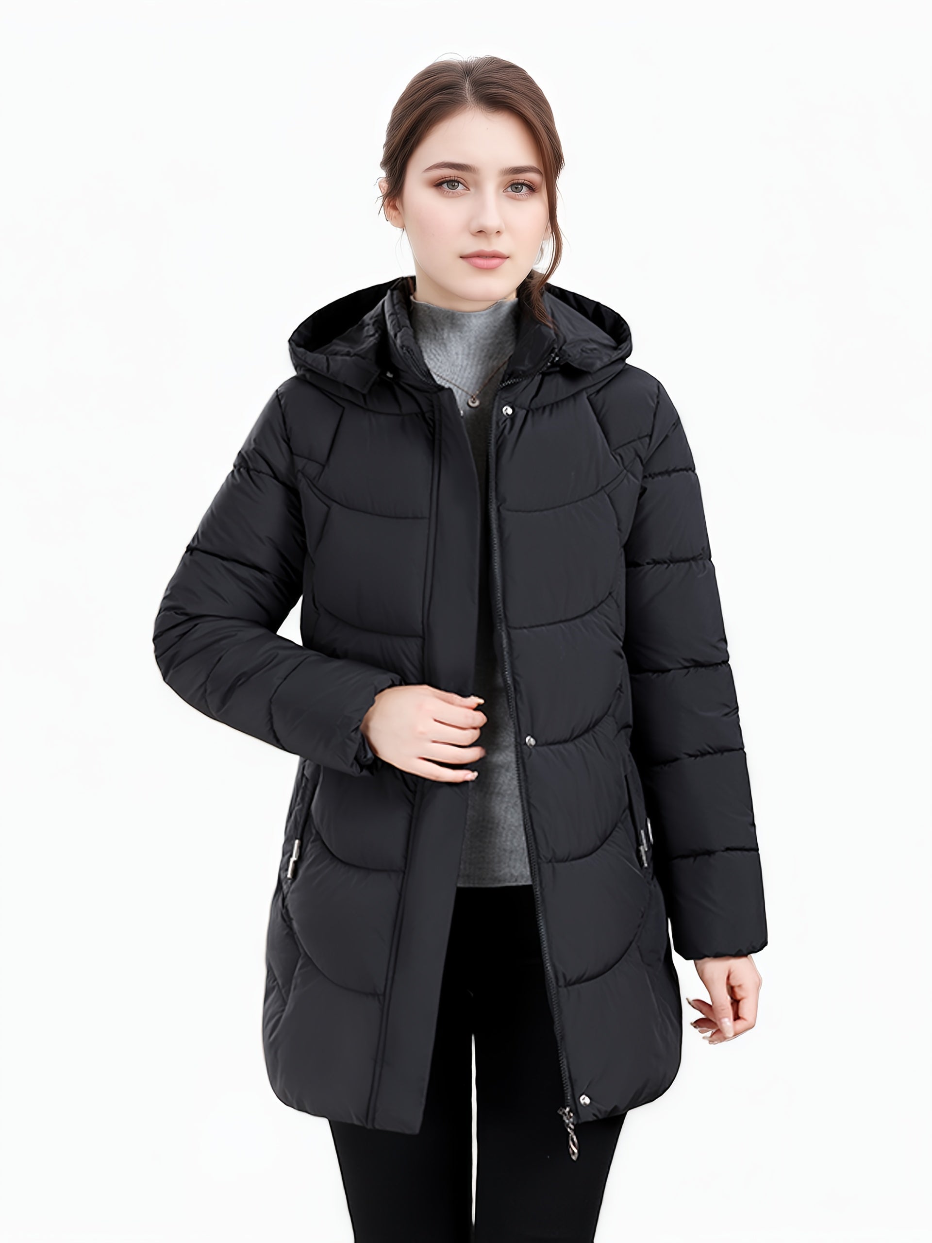 Dark green Olivia Lumina Wear women's longline hooded puffer coat with quilted design, cozy and stylish for winter.
