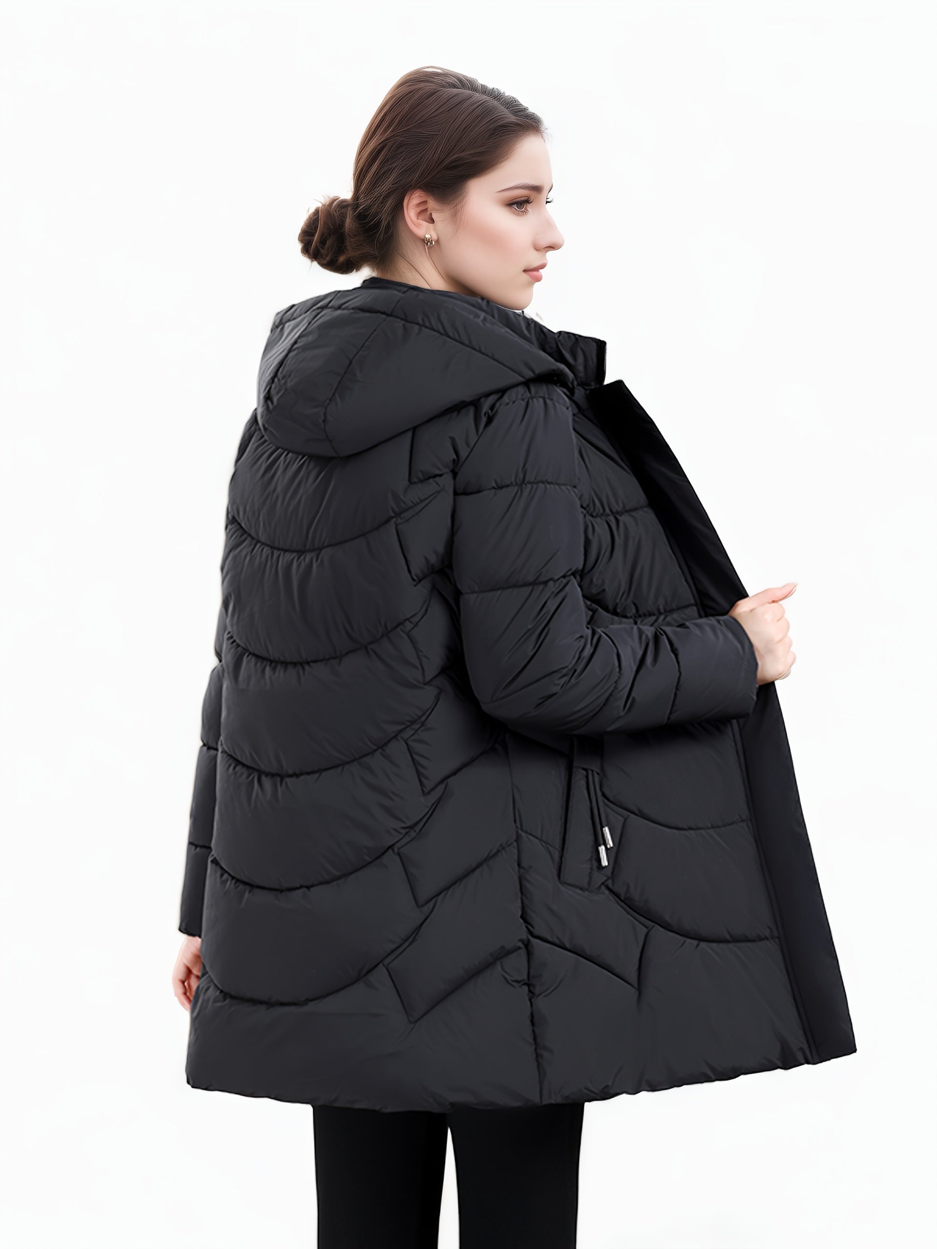 Dark green Olivia Lumina women's longline hooded puffer coat with quilted design, cozy and stylish for cold weather.