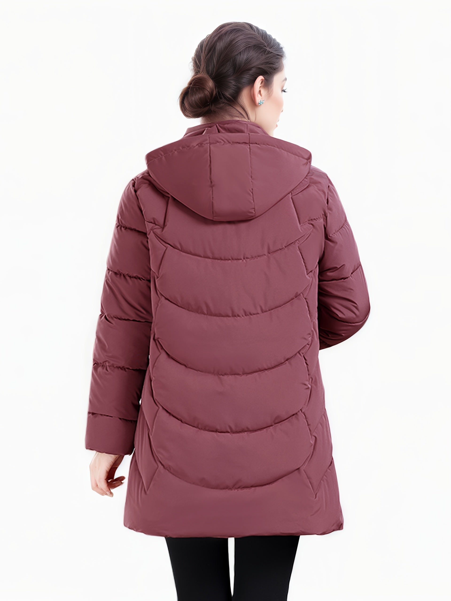 Dark green Olivia longline hooded puffer coat with quilted design by Lumina Wear, women's winter coat with cozy, stylish insulation.