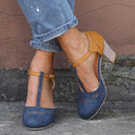 Blue Olivia vintage-inspired block heel ankle strap shoes by Lumina Wear, featuring a secure fit and stylish design.