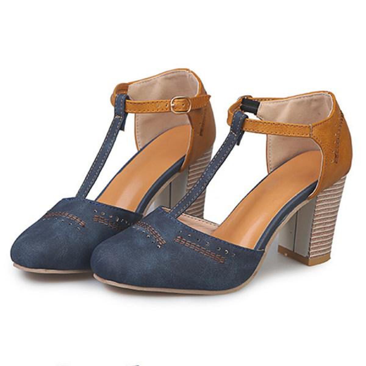 Blue Olivia vintage-inspired ankle strap heels by Lumina Wear with block heel and secure fit, showcasing stylish design and ankle straps.