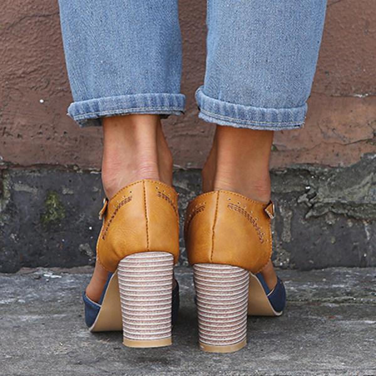 Lumina Wear Olivia vintage-inspired blue ankle strap block heel shoes with secure fit and stylish design.