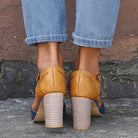 Lumina Wear Olivia vintage-inspired blue ankle strap block heel shoes with secure fit and stylish design.