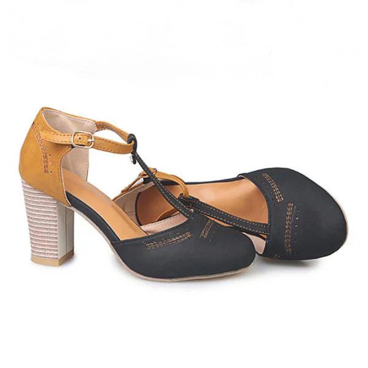Lumina Wear Olivia vintage-inspired blue ankle strap block heel shoes with secure fit and stylish design.