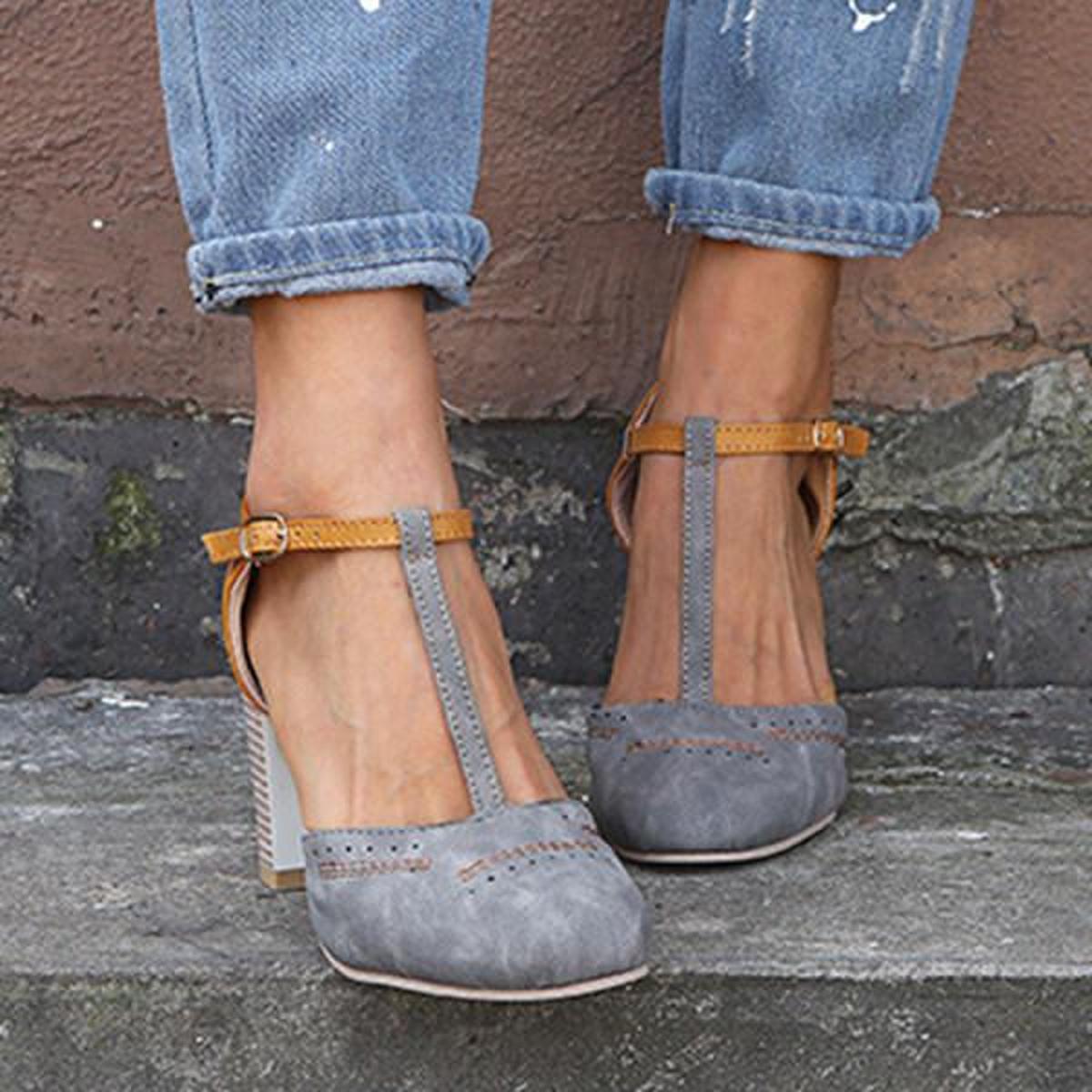 Blue Olivia vintage-inspired block heel ankle strap heels by Lumina Wear, featuring secure fit and stylish design.