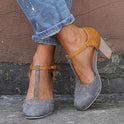 Blue vintage-inspired Lumina Wear Olivia block heel ankle strap heels with secure fit and stylish design.