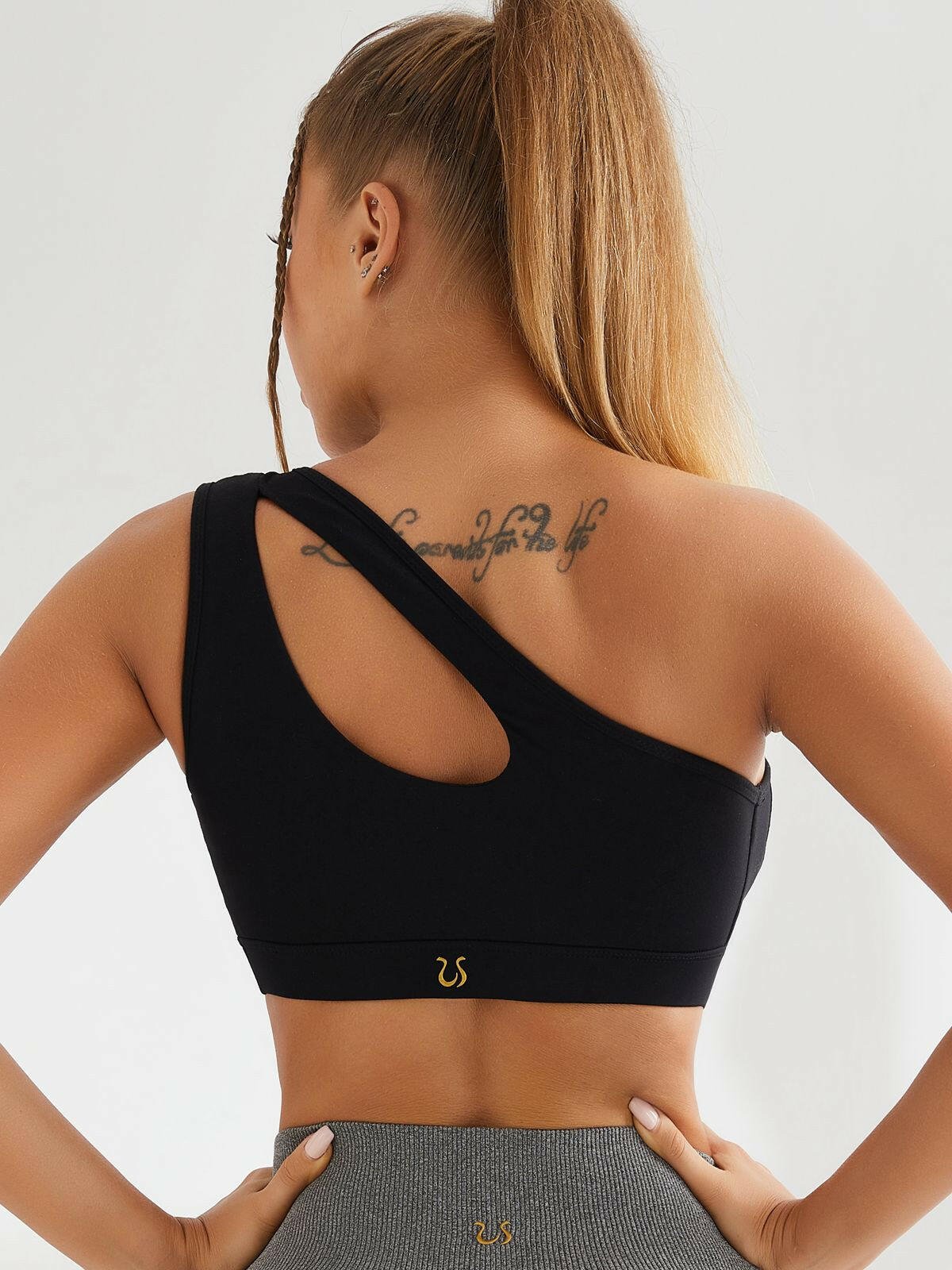 Black Lumina Vancouver one-shoulder sports ankle bra, athletic sports bra for active wear, stylish and supportive design