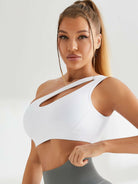Black one-shoulder sports bra by Lumina Vancouver, designed for comfort and support during active workouts.