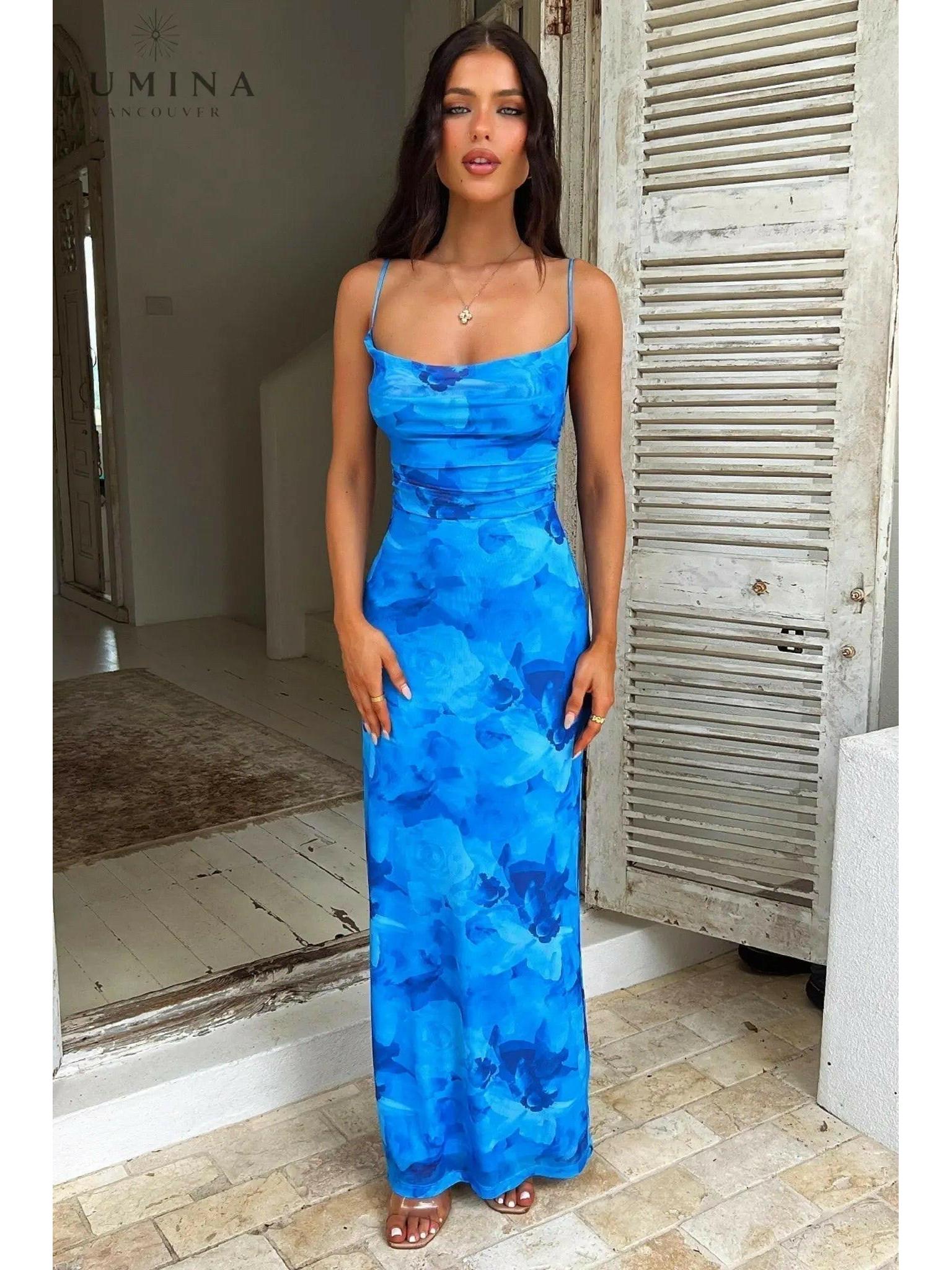Opal Blue satin knot evening dress by Lumina Wear, featuring elegant design, perfect for wedding guests or formal occasions.
