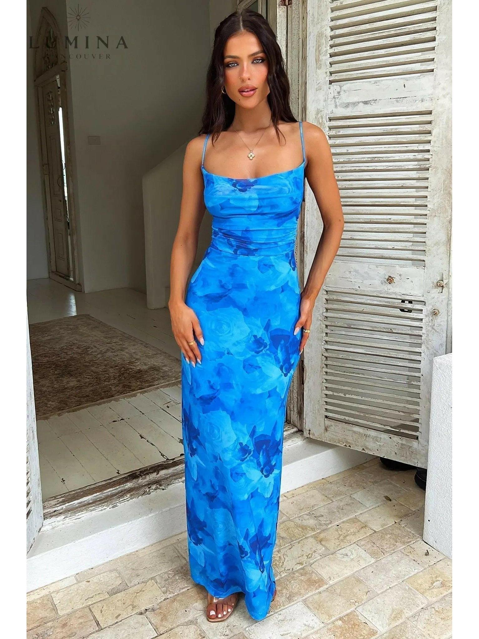 Opal Blue satin knot dress by Lumina Vancouver, elegant wedding guest dress in size XS, featuring a stylish knot design.