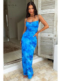 Opal Blue Lumina Wear satin knot evening dress with elegant design, perfect for wedding guests and formal occasions.