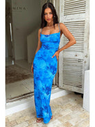 Opal Blue elegant satin knot wedding guest dress by Lumina Vancouver, perfect for formal occasions, shown in size XS.