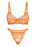 Orange floral embroidery lingerie set by Lumina Wear, includes matching bra and panties, detailed floral embroidery design.