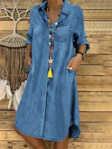 Baby blue Palmira Lumina Wear denim long-sleeved dress, casual style, shown on a model.