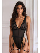 Lumina Vancouver Paris Bodysuit in black, form-fitting with long sleeves and scoop neckline, displayed on a hanger.