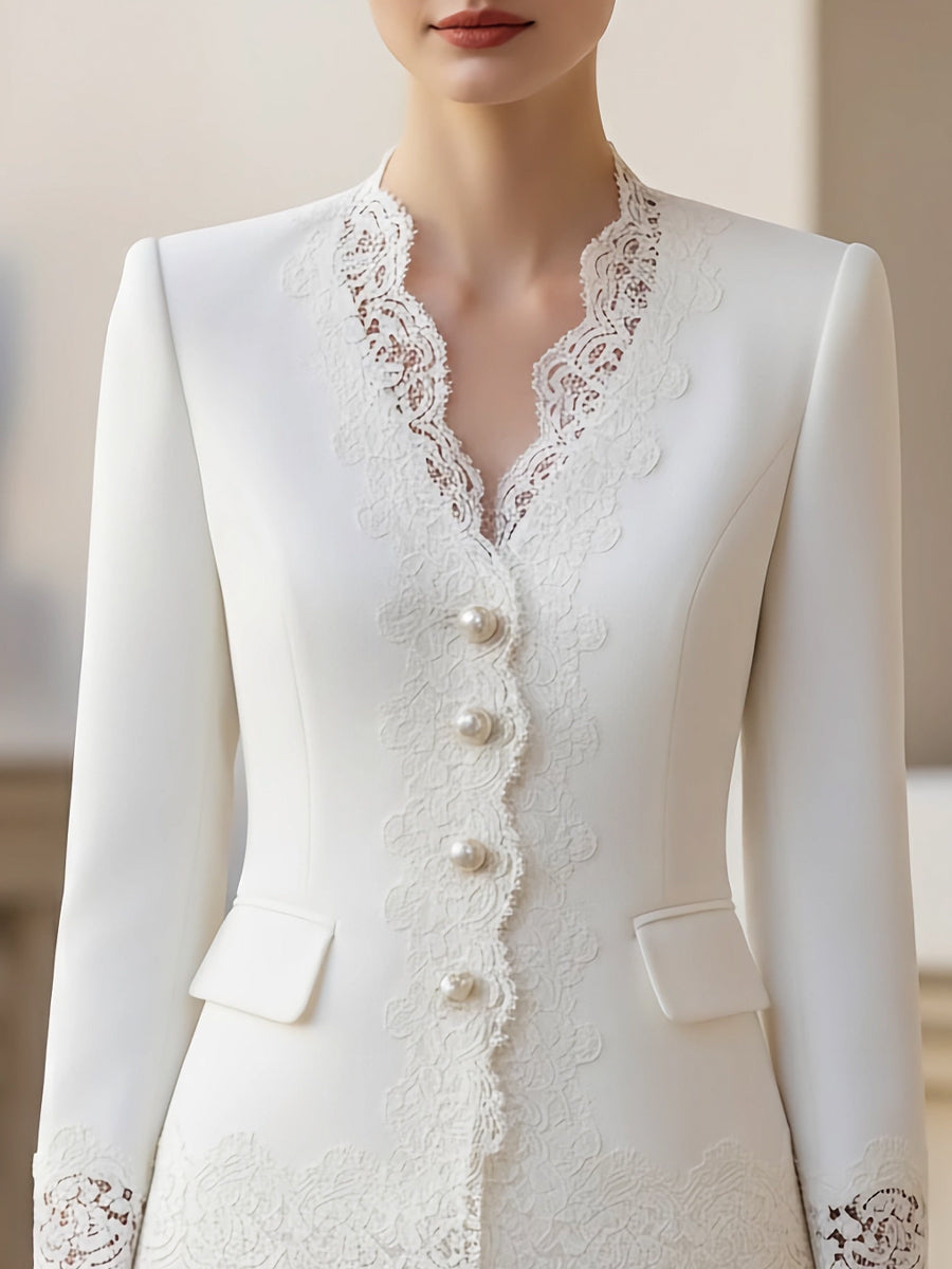 White pearl blazer jacket by Lumina Wear, shown on model, stylish tailored fit, perfect for professional or casual wear.