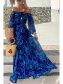 Blue Penelope floral off-shoulder maxi dress by Lumina Wear, flowing fabric with a feminine off-shoulder neckline.