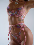 Pink floral embroidery and pearl chain lingerie set by Lumina Vancouver, featuring a 3-piece pink lingerie collection.