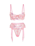 Pink floral embroidery and pearl chain lingerie set, 3-piece Lumina Vancouver satin lingerie with delicate floral and pearl details.