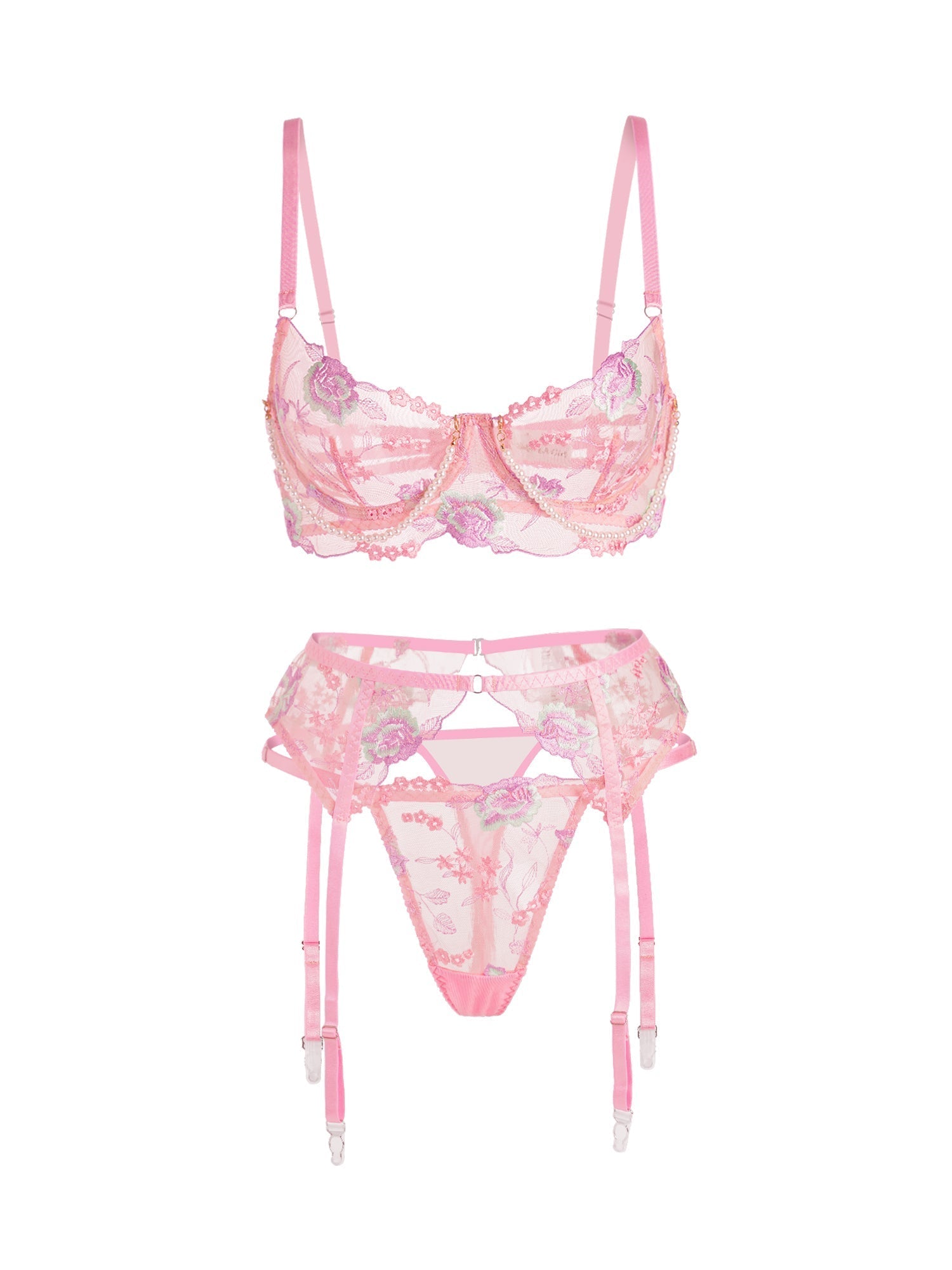 Pink floral embroidery and pearl chain lingerie set, 3-piece Lumina Vancouver satin lingerie with delicate floral and pearl details.