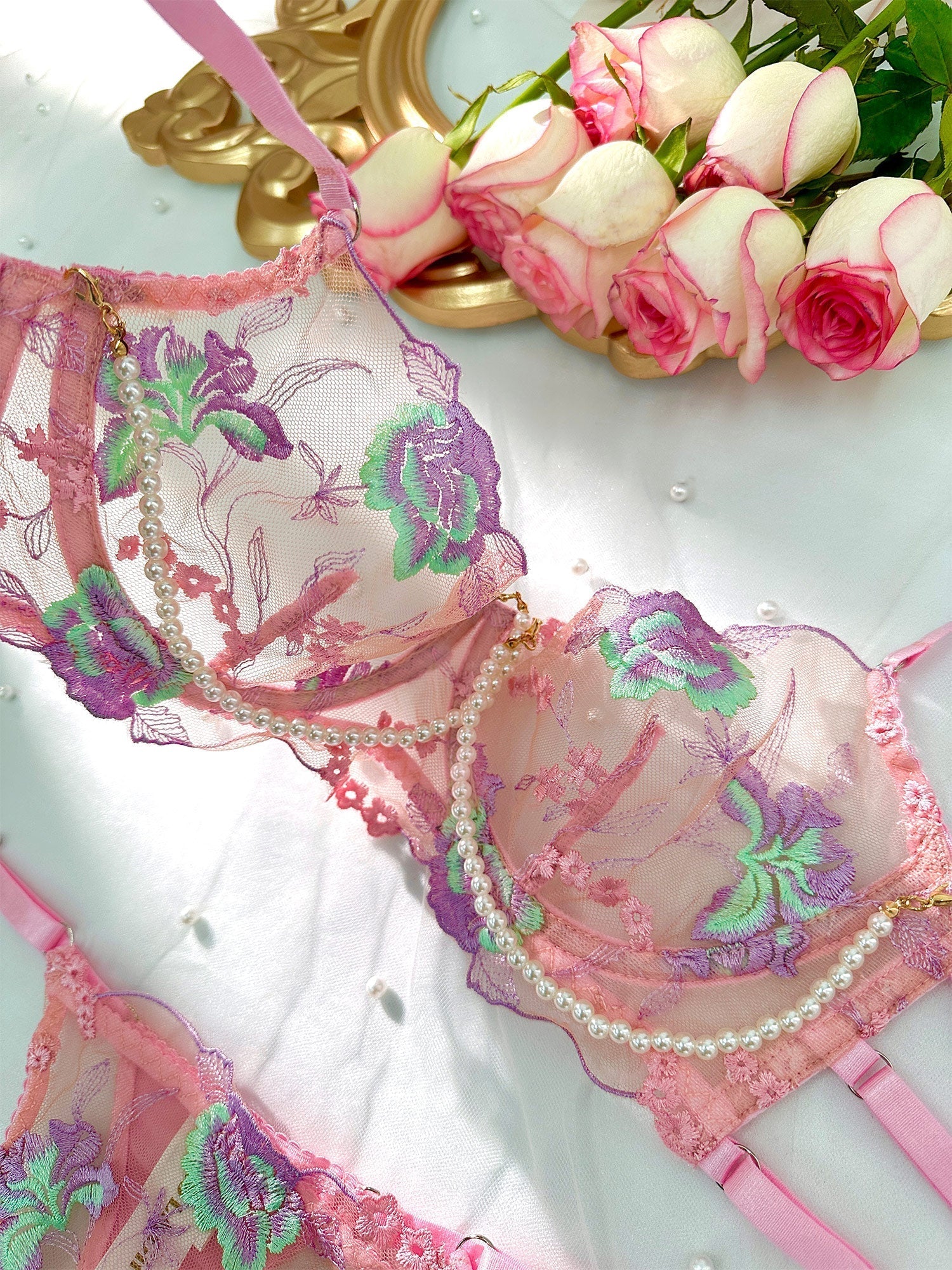 Pink floral embroidery lingerie set with pearl chain details, 3-piece Lumina Vancouver satin underwear and bra collection.