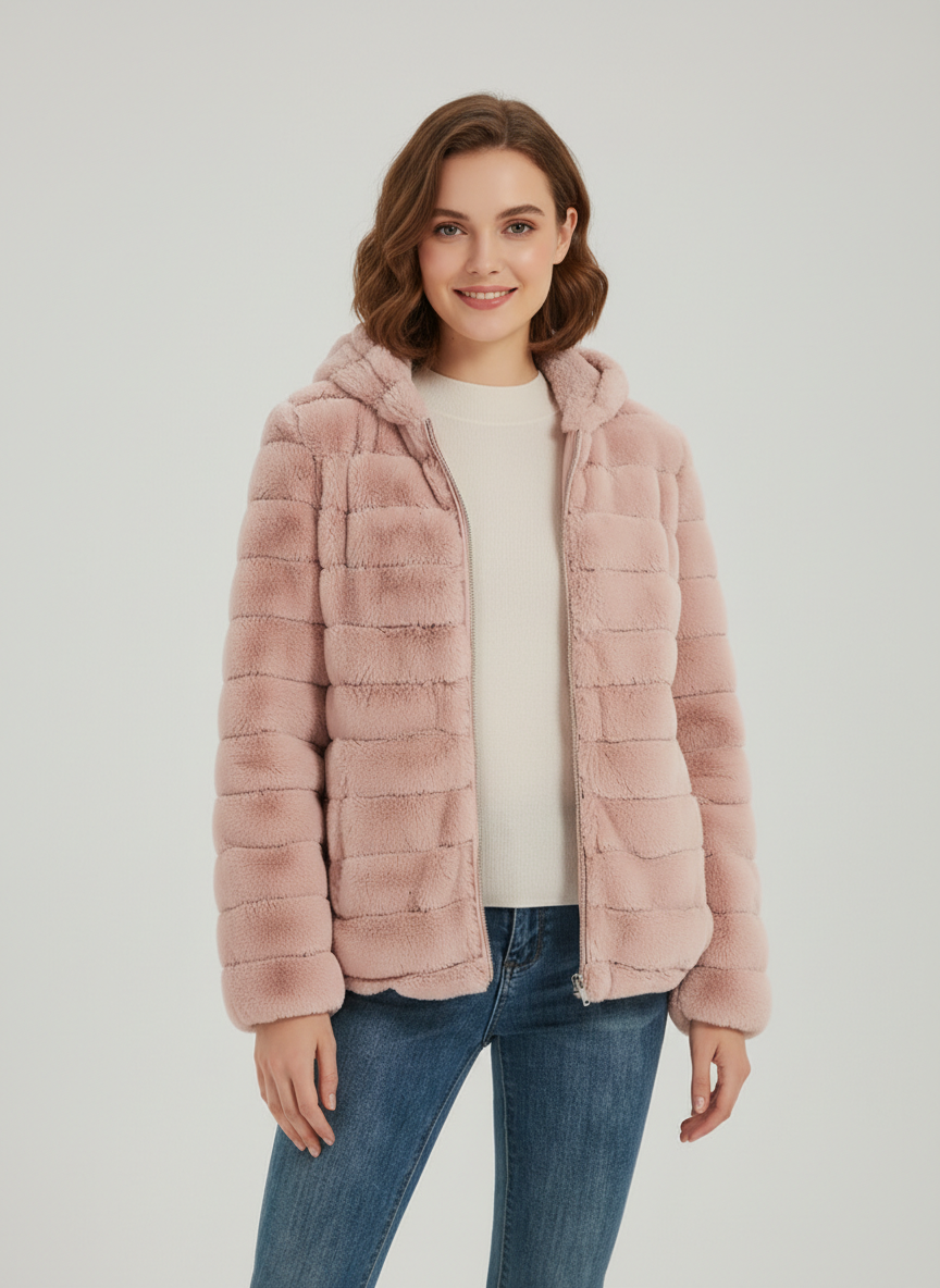 Black women's plush teddy jacket by Lumina Wear with zip closure, cozy outerwear perfect for cold weather.